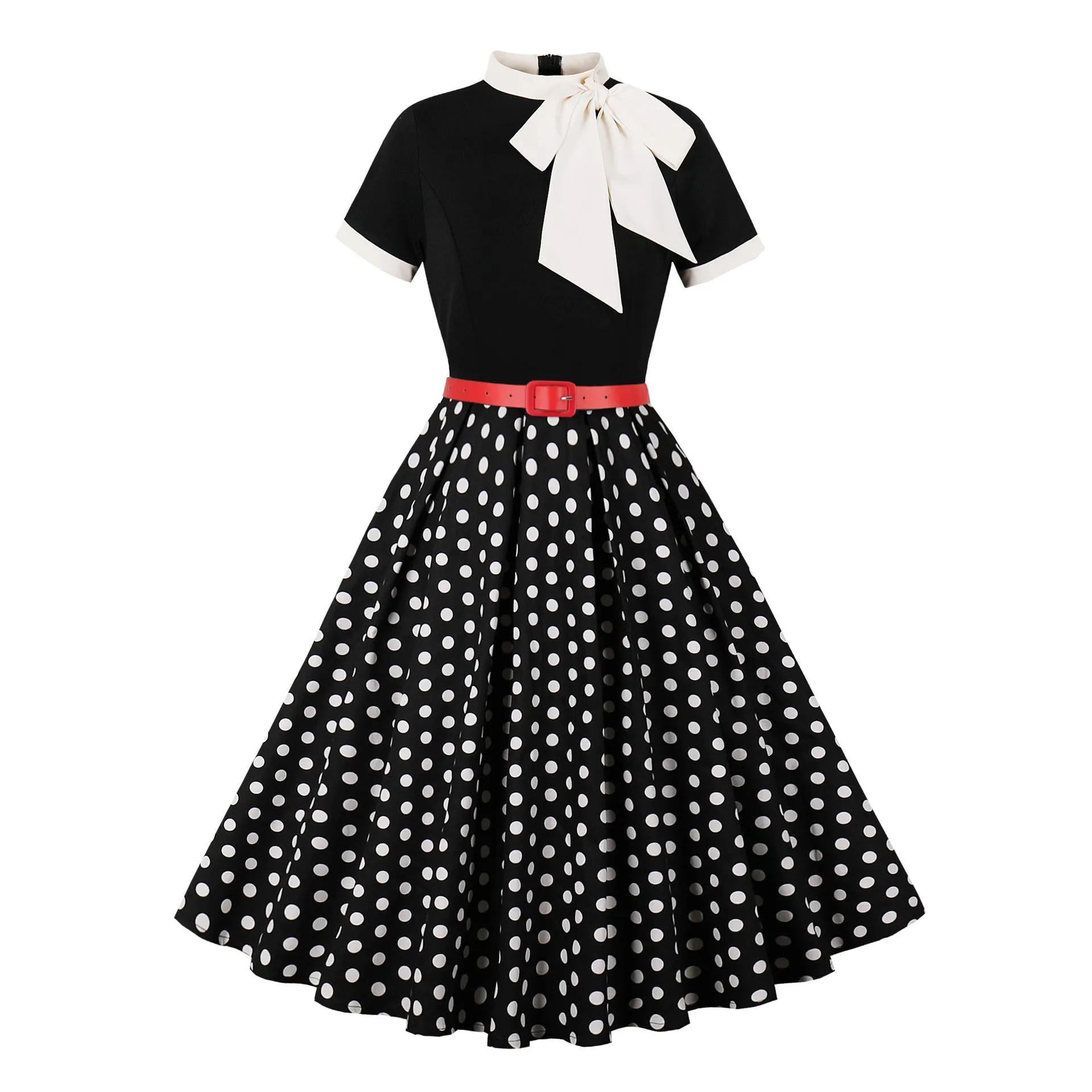 1950S Vintage Print Floral Polka Dot Dress Retro Bow Neckline Short Sleeve  A-Line Dress