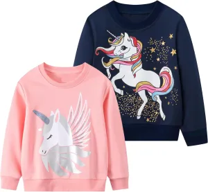 2-Pack Toddler Sweatshirts Kid Girl's Cartoon Cotton Long-sleeved Tops Crewneck Pullover Shirts For Kids 3-7 Years