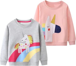 2-Pack Toddler Sweatshirts Kid Girl's Cartoon Cotton Long-sleeved Tops Crewneck Pullover Shirts For Kids 3-7 Years