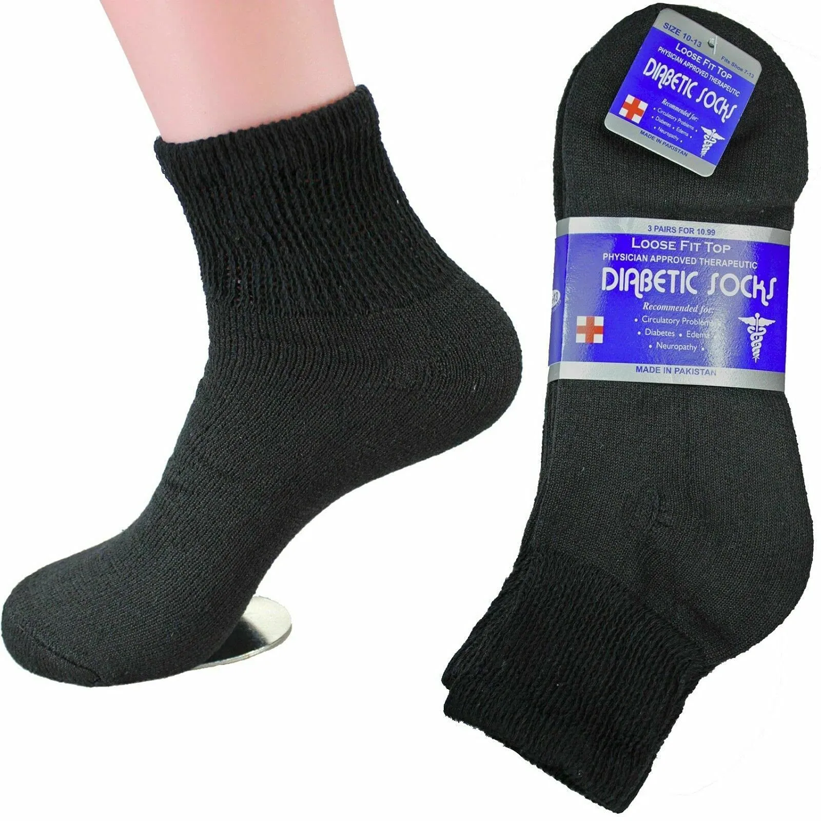 3 Pair Ankle Quarter Crew Diabetic Socks Men's Women's Unisex Size 10-13 Black