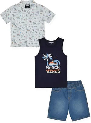3 Piece Boys Short Sets - Boys Skateboard Tee Shirt Woven Short and Button Front Camp Shirt Set for Kids Clothing
