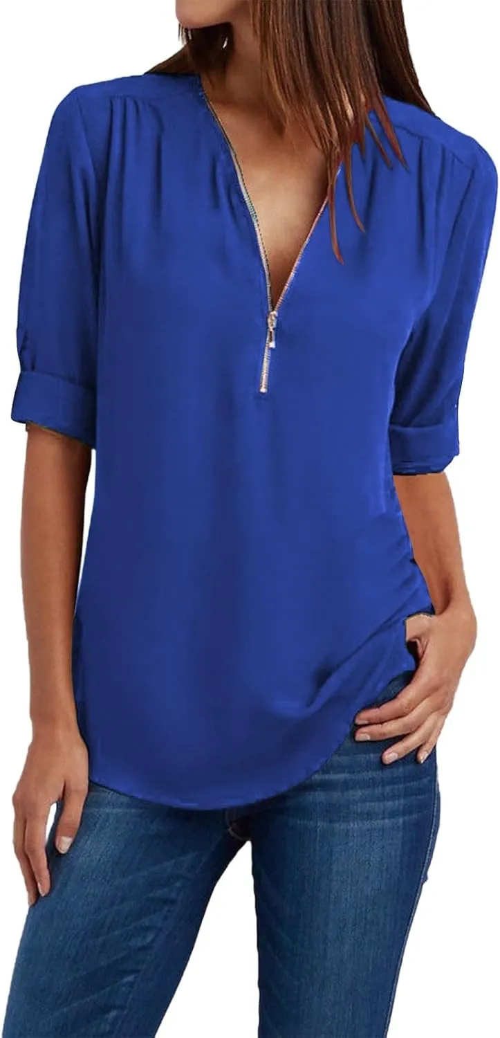 3/4 Sleeve Tops for Women 2025 Plus Size Fashion Cute Zipper V Neck Shirts Casual Loose Work Elegant Chiffon Blouses