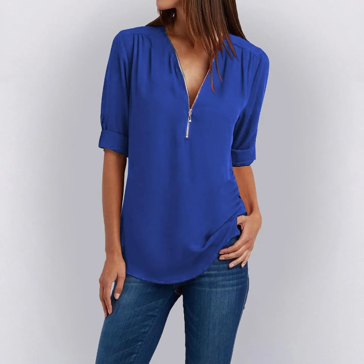 3/4 Sleeve Tops for Women 2025 Plus Size Fashion Cute Zipper V Neck Shirts Casual Loose Work Elegant Chiffon Blouses