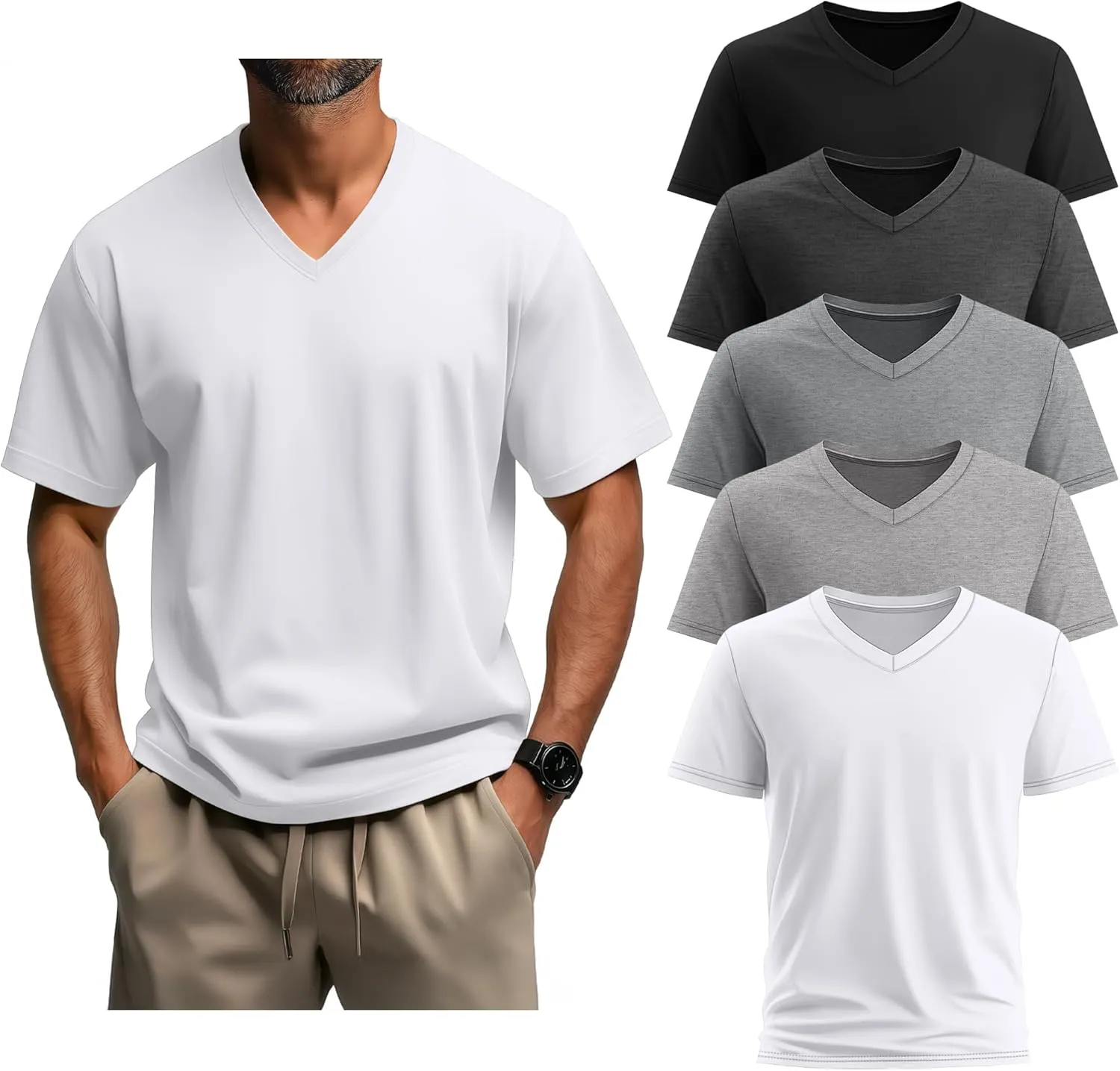 5 Pack Men's Big and Tall Shirts Casual V Neck Short Sleeve Tees Summer Cotton Basic T Shirts Multipack