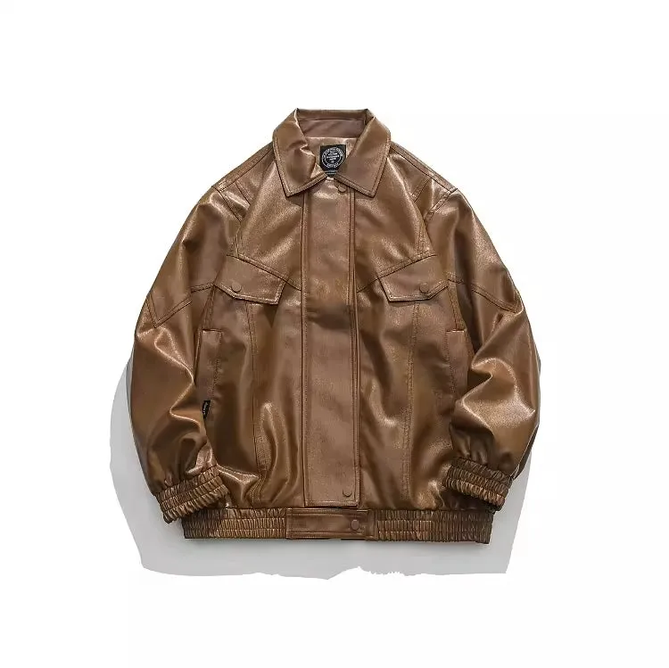 American Fashion Brand Retro Biker's PU Leather Coat Jacket Men's Autumn Leisure Loose Lapels Couple Coat Japanese Style Tops