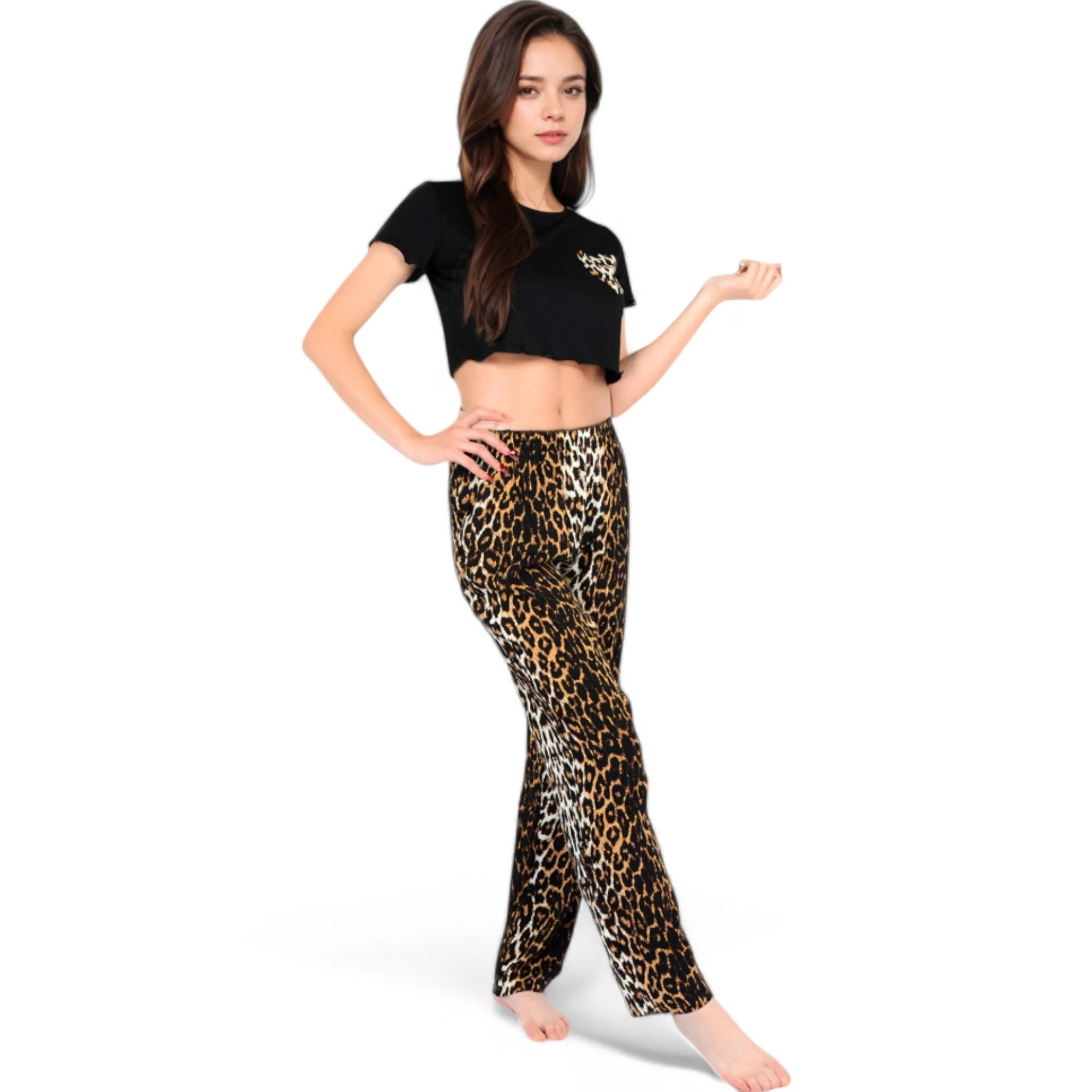Anna-Kaci Women's Leopard Print Pajama Set with Ruffled Crop Top and High Waist Wide-Leg Pants