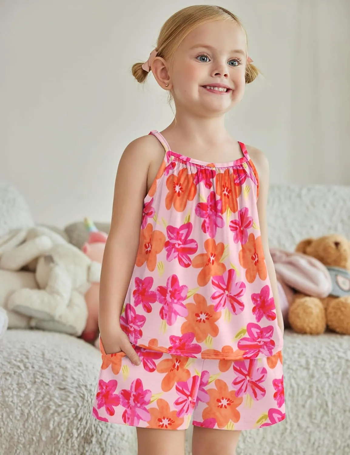Arshiner Toddler Girl Summer Clothes 2 Piece Loose Spaghetti Strap Tank Top and Short Set Kids Clothing Sets with Pockets