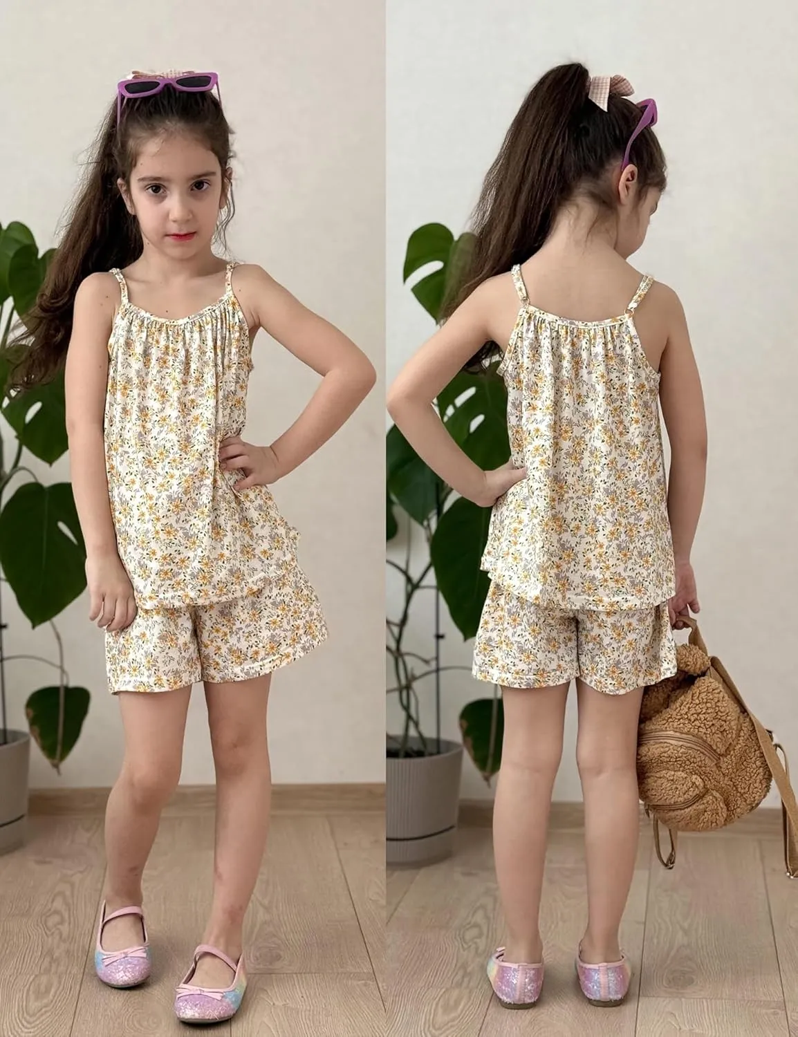 Arshiner Toddler Girl Summer Clothes 2 Piece Loose Spaghetti Strap Tank Top and Short Set Kids Clothing Sets with Pockets
