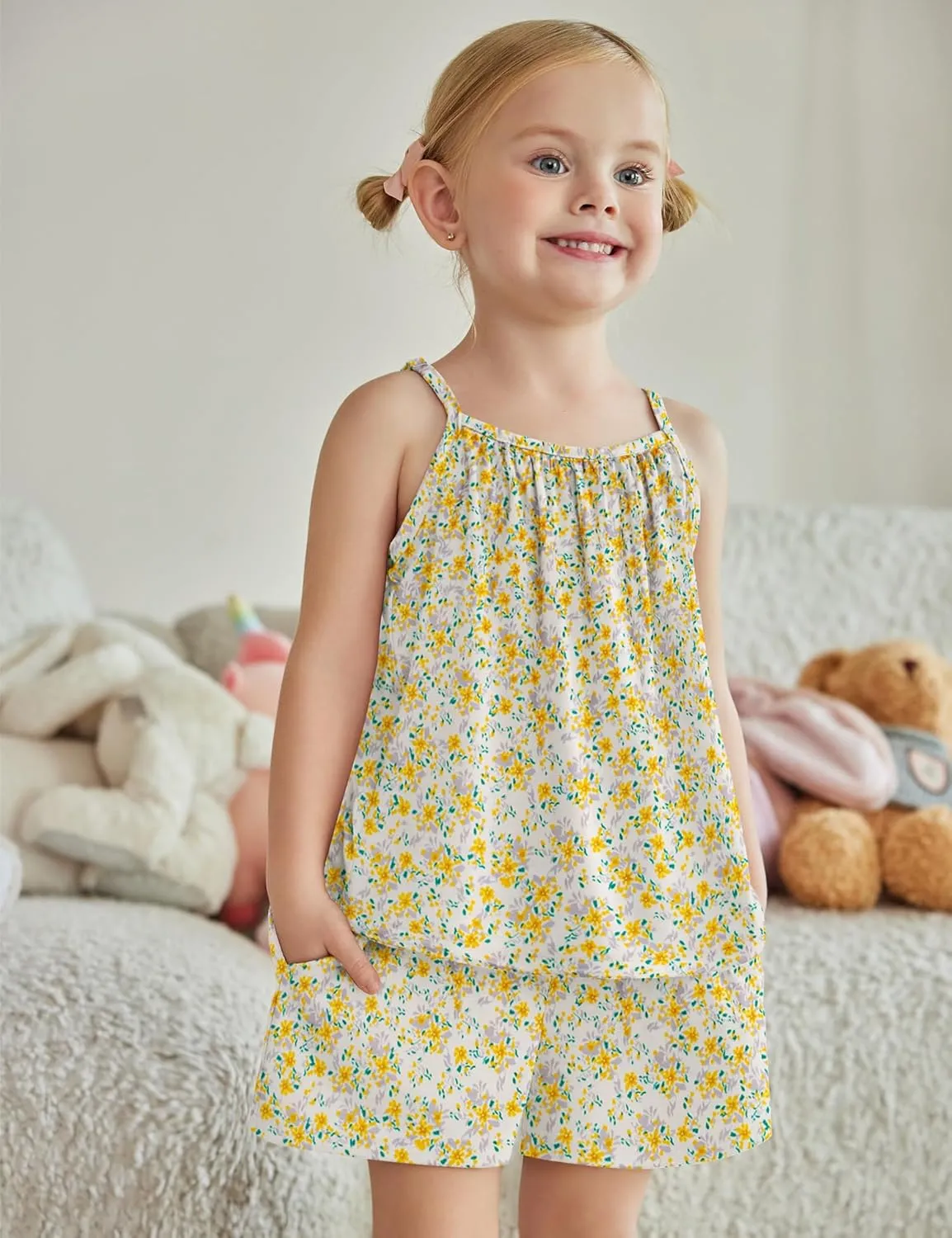 Arshiner Toddler Girl Summer Clothes 2 Piece Loose Spaghetti Strap Tank Top and Short Set Kids Clothing Sets with Pockets