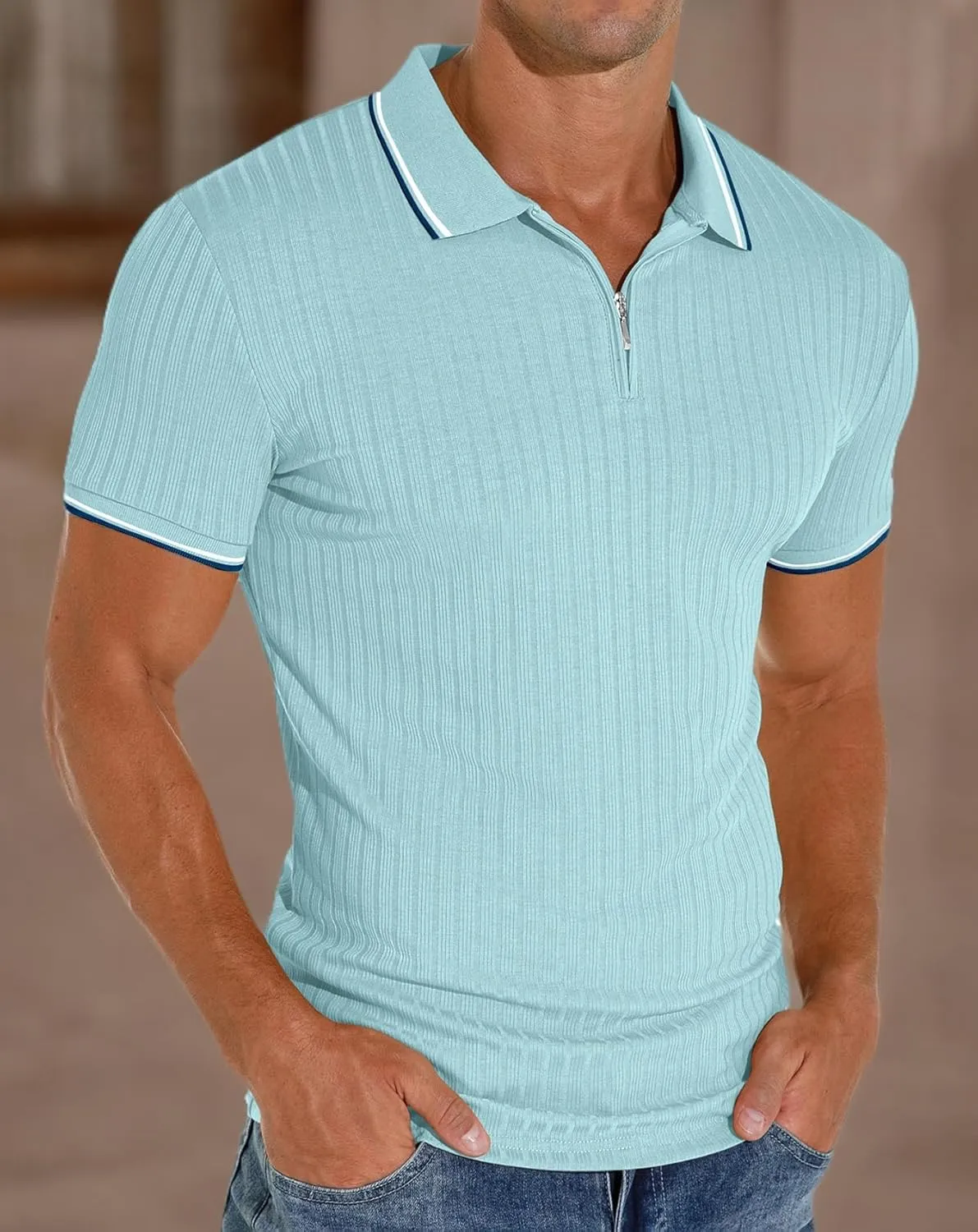 Askdeer Men's Polo Shirts Slim Fit Short/Long Sleeve Zipper Polo T Shirt Casual Golf Shirt Classic Tee