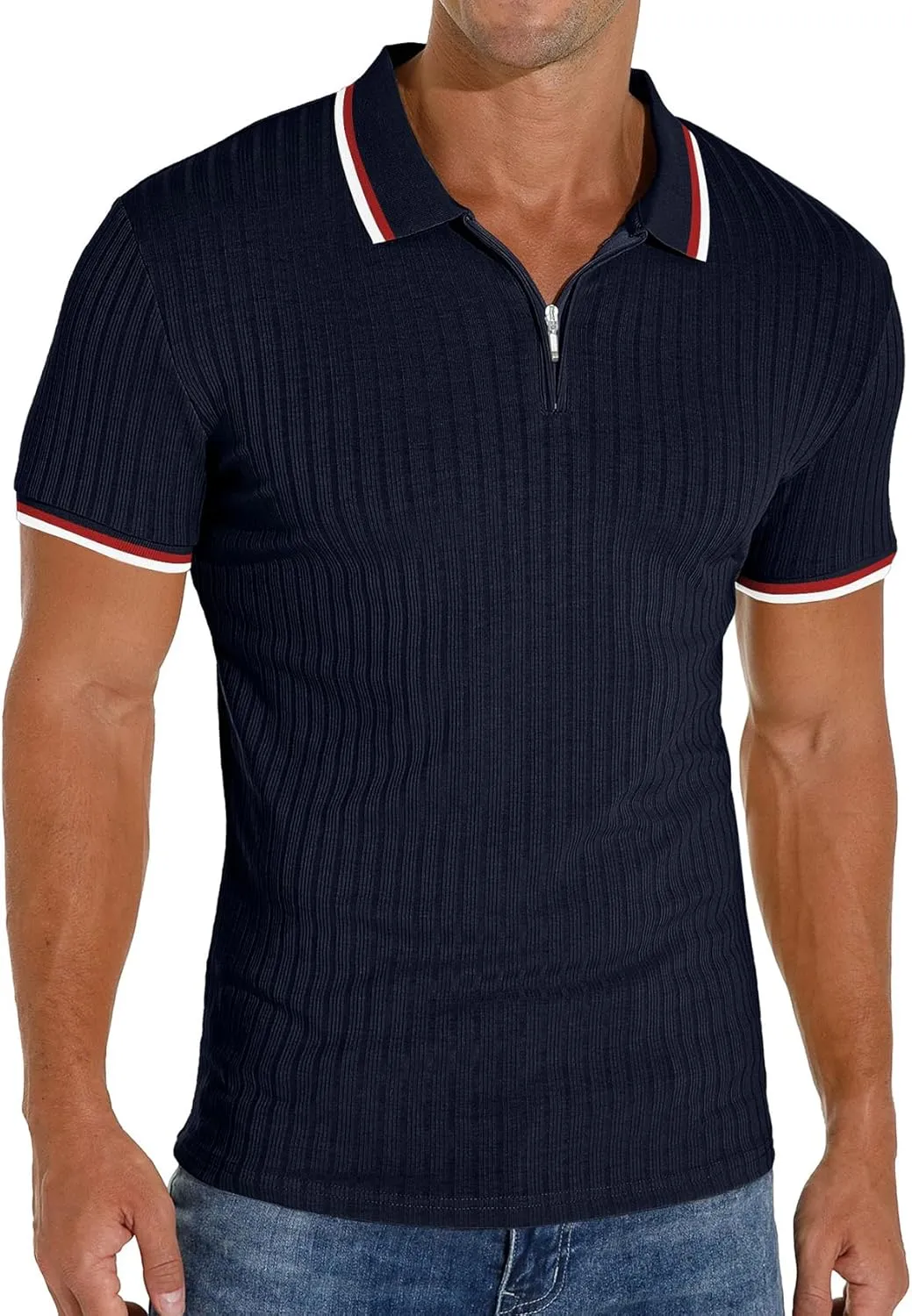 Askdeer Men's Polo Shirts Slim Fit Short/Long Sleeve Zipper Polo T Shirt Casual Golf Shirt Classic Tee