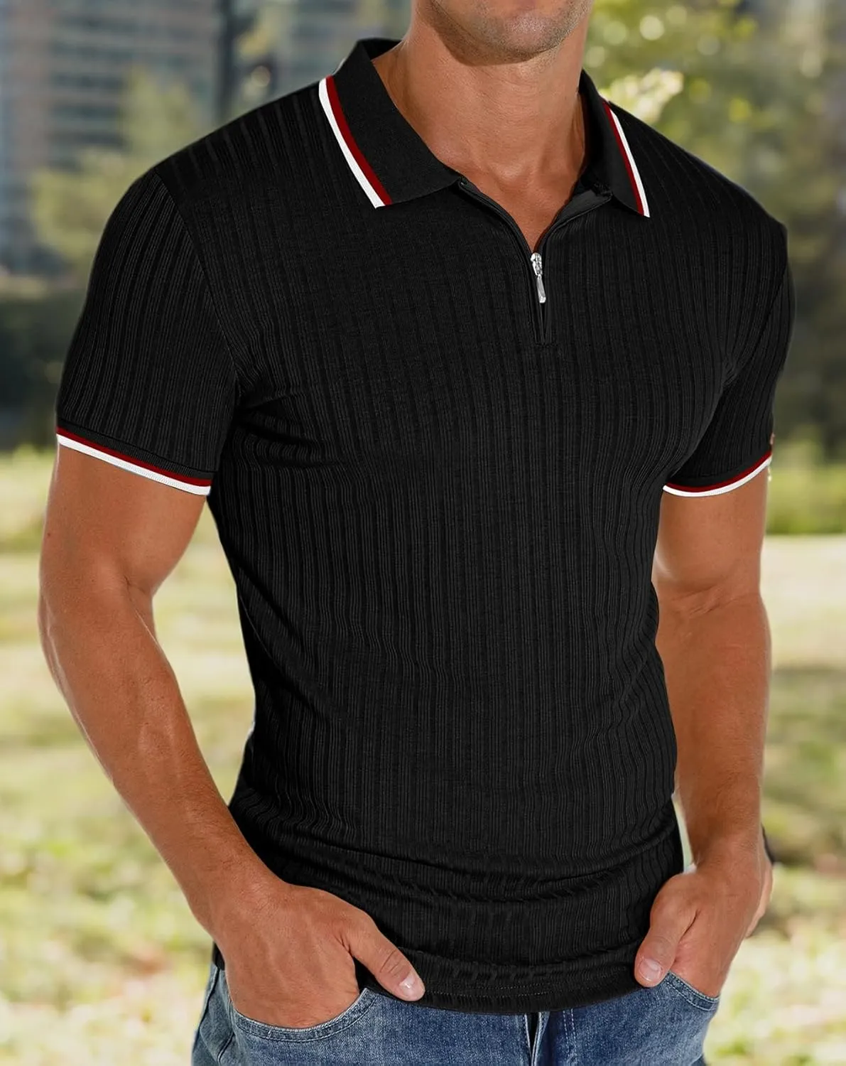 Askdeer Men's Polo Shirts Slim Fit Short/Long Sleeve Zipper Polo T Shirt Casual Golf Shirt Classic Tee
