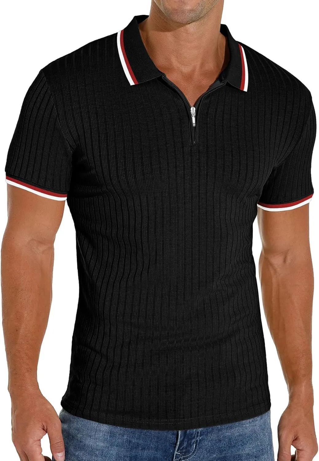 Askdeer Men's Polo Shirts Slim Fit Short/Long Sleeve Zipper Polo T Shirt Casual Golf Shirt Classic Tee