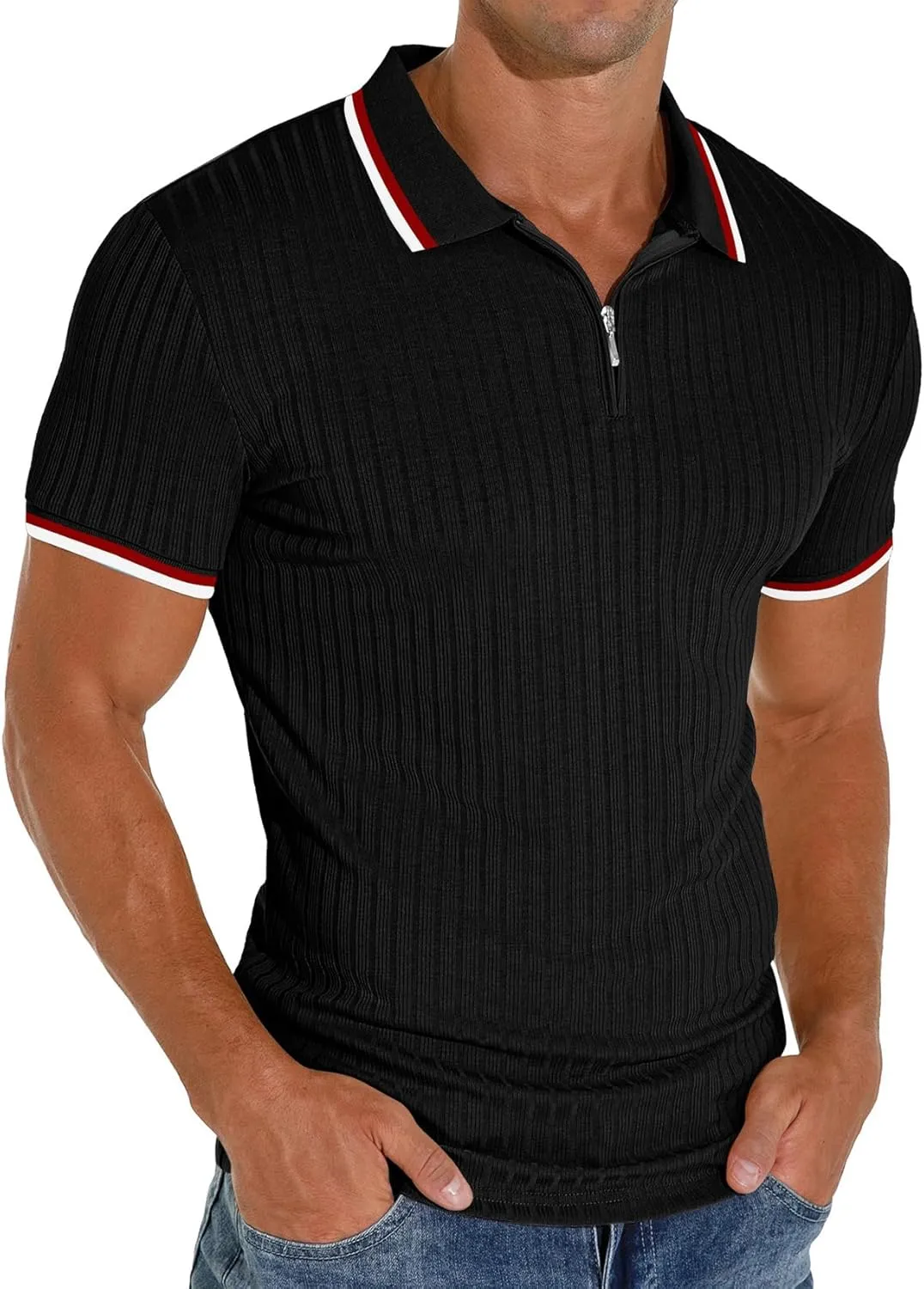 Askdeer Men's Polo Shirts Slim Fit Short/Long Sleeve Zipper Polo T Shirt Casual Golf Shirt Classic Tee