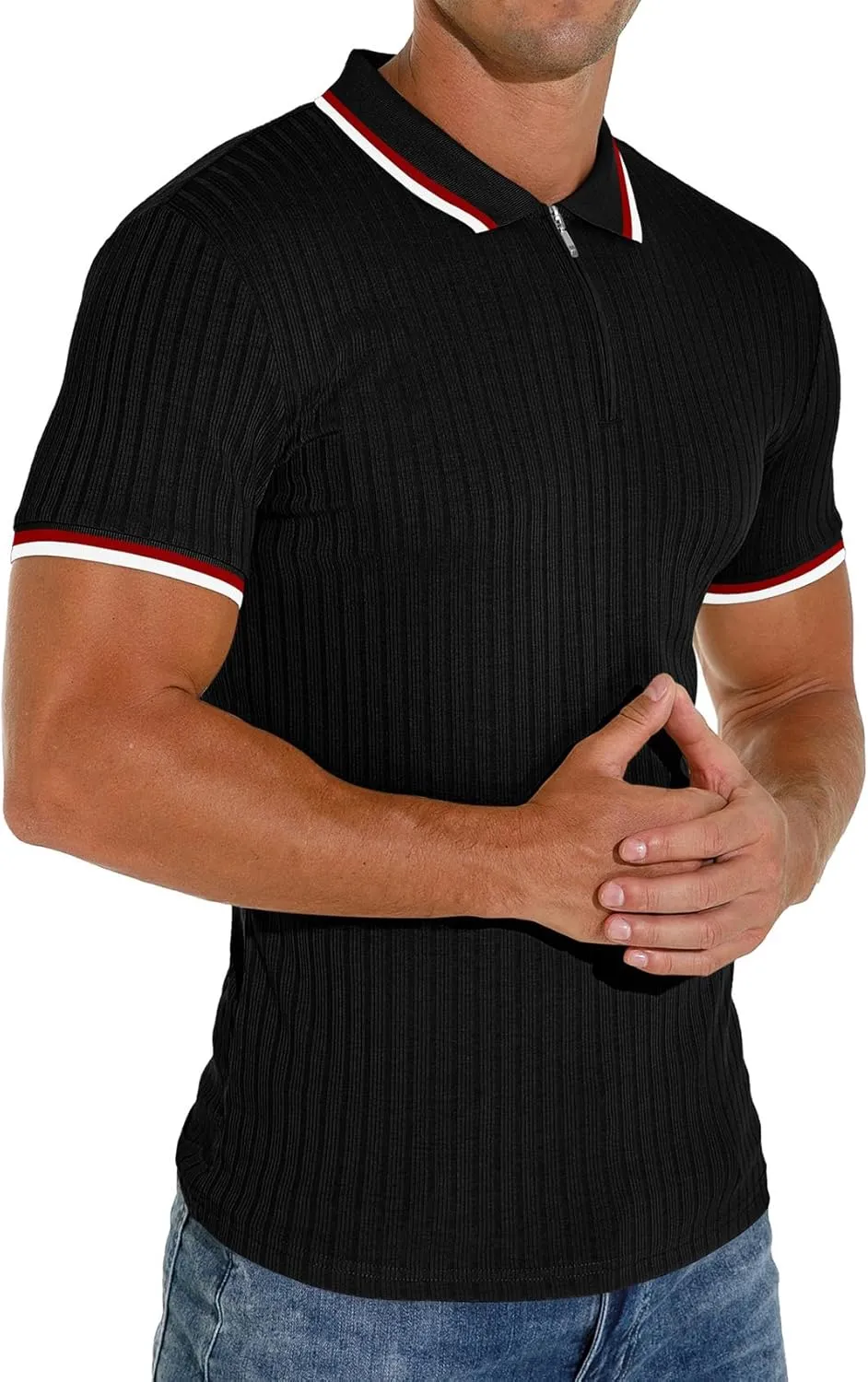 Askdeer Men's Polo Shirts Slim Fit Short/Long Sleeve Zipper Polo T Shirt Casual Golf Shirt Classic Tee