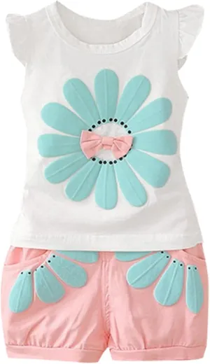 Baby Girls Infrant Summer Clothes Cartoon Flower Printed Sleeveless Tank Tops Bownot Shorts Daily Set 2Pcs Outfits