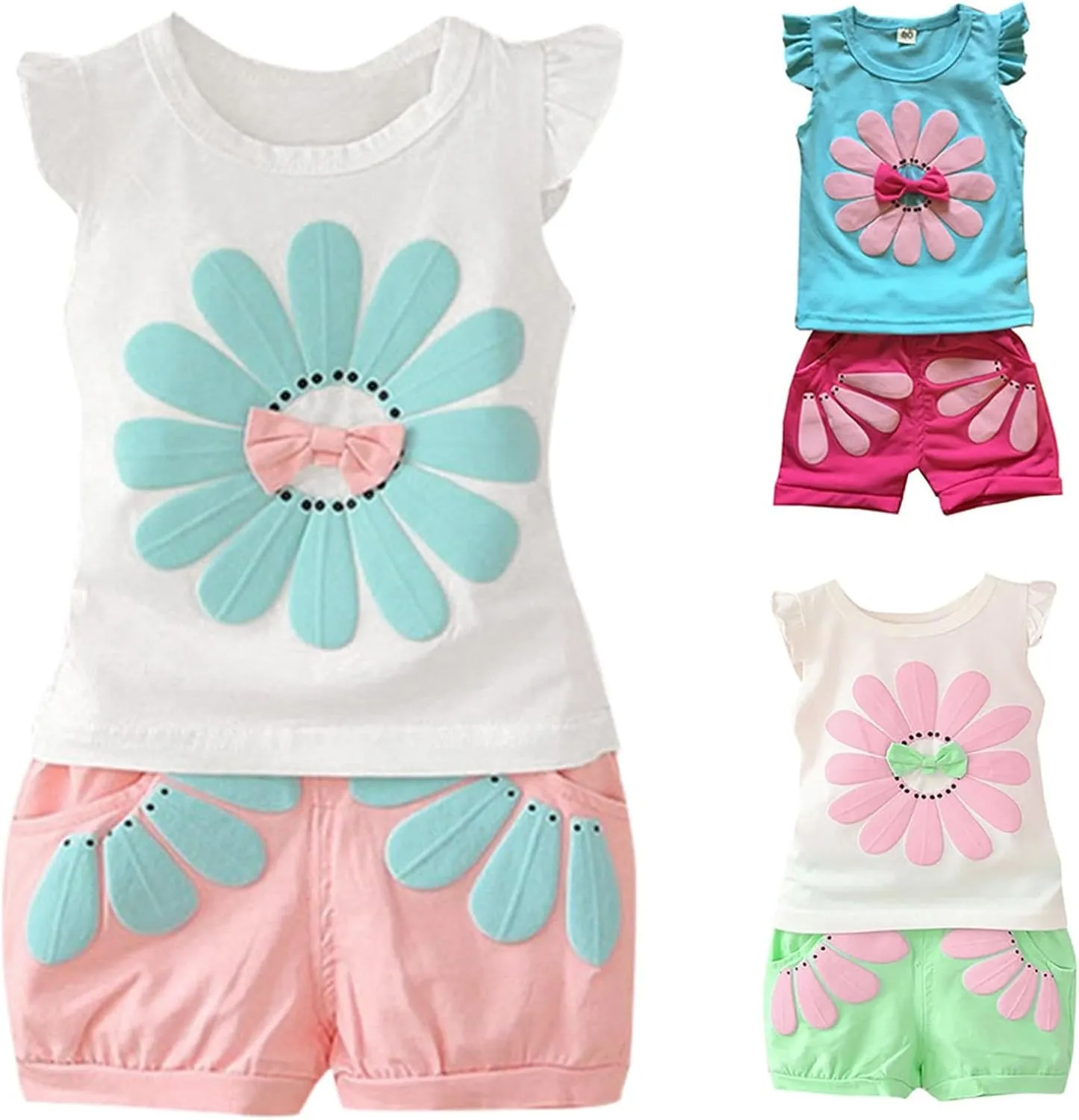 Baby Girls Infrant Summer Clothes Cartoon Flower Printed Sleeveless Tank Tops Bownot Shorts Daily Set 2Pcs Outfits