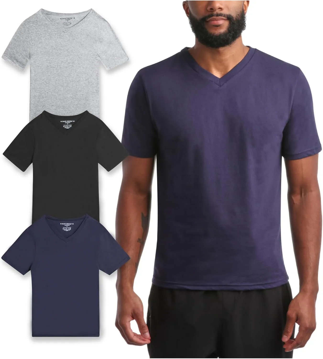 Bass Creek Outfitters Men's T-Shirt - 3 Pack Basic Crewneck and V-Neck Undershirts - Size Up for Ideal Fit (Sizes: S-XL)