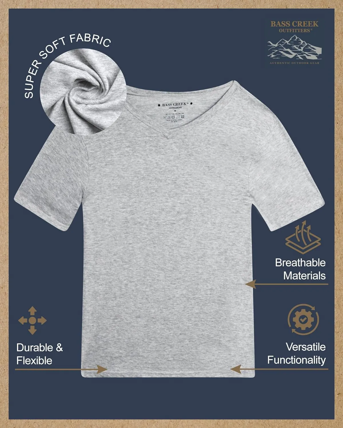 Bass Creek Outfitters Men's T-Shirt - 3 Pack Basic Crewneck and V-Neck Undershirts - Size Up for Ideal Fit (Sizes: S-XL)