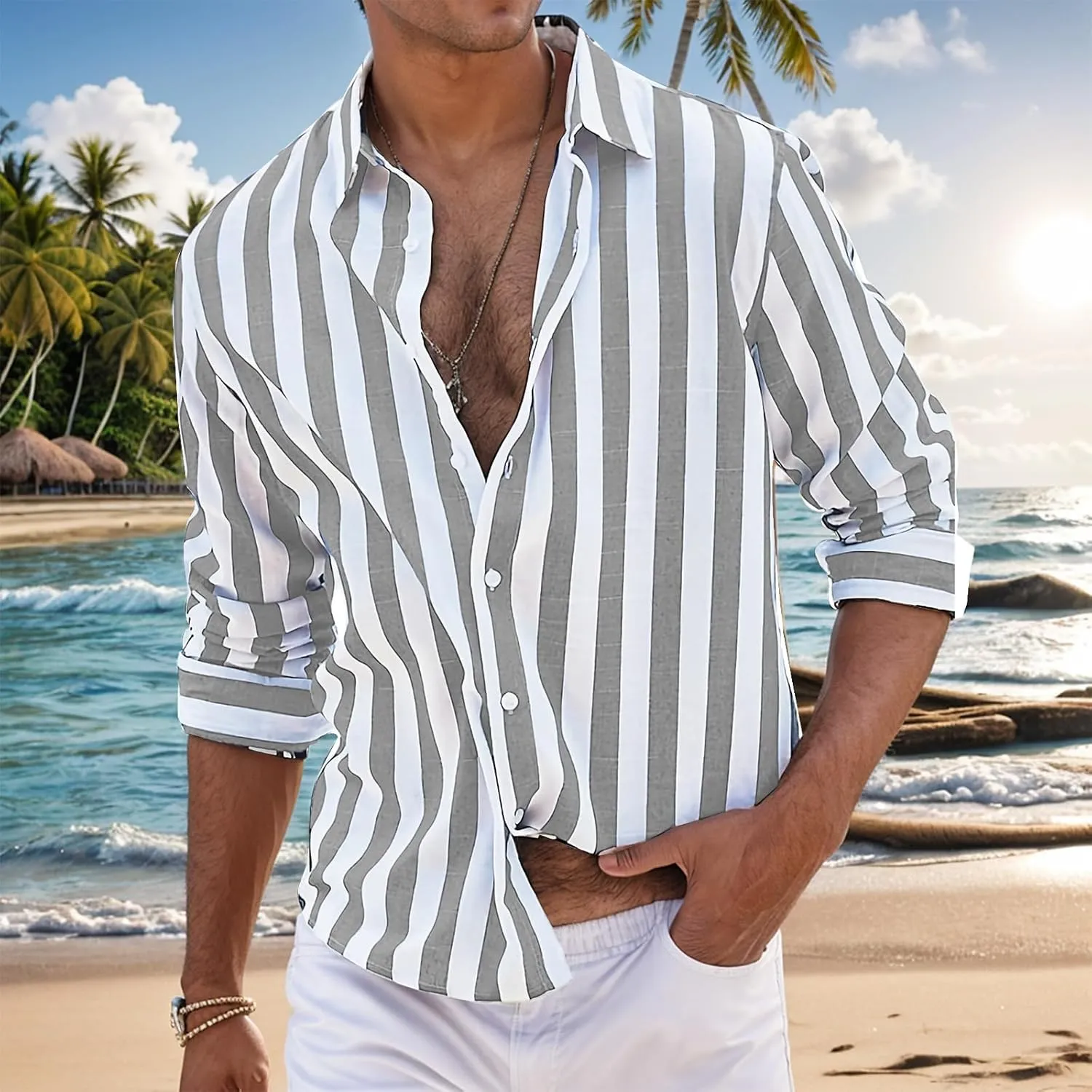 Beach Shirts for Men Stripe Long Sleeve Shirt Cotton Linen Lightweight Summer Tops Button Down Blouse Casual Shirts