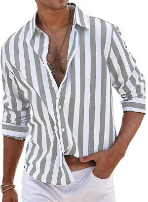 Beach Shirts for Men Stripe Long Sleeve Shirt Cotton Linen Lightweight Summer Tops Button Down Blouse Casual Shirts