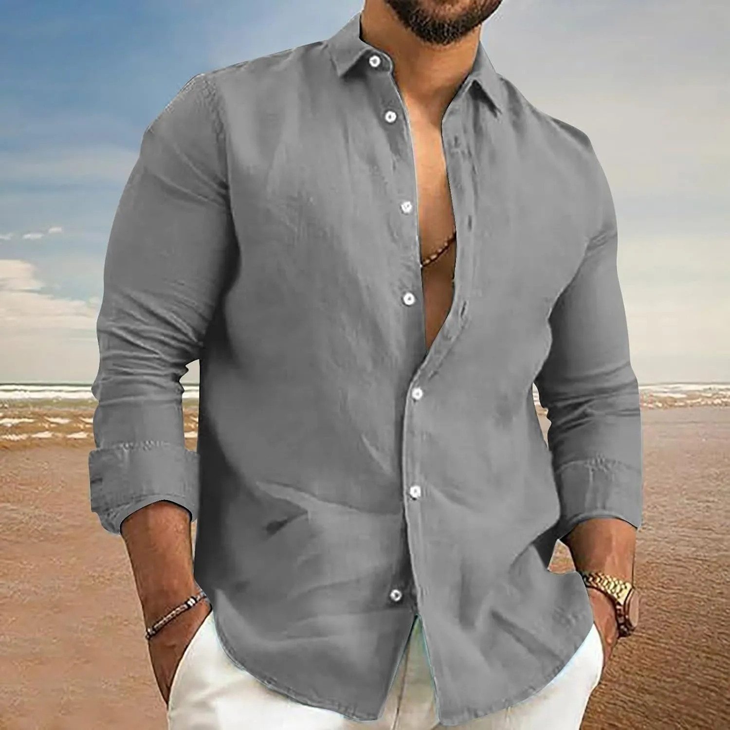 Beach Shirts fot Men Cotton Long Sleeve Button Down Beach Casual Summer Lightweight Tees Guayabera Big and Tall Shirt