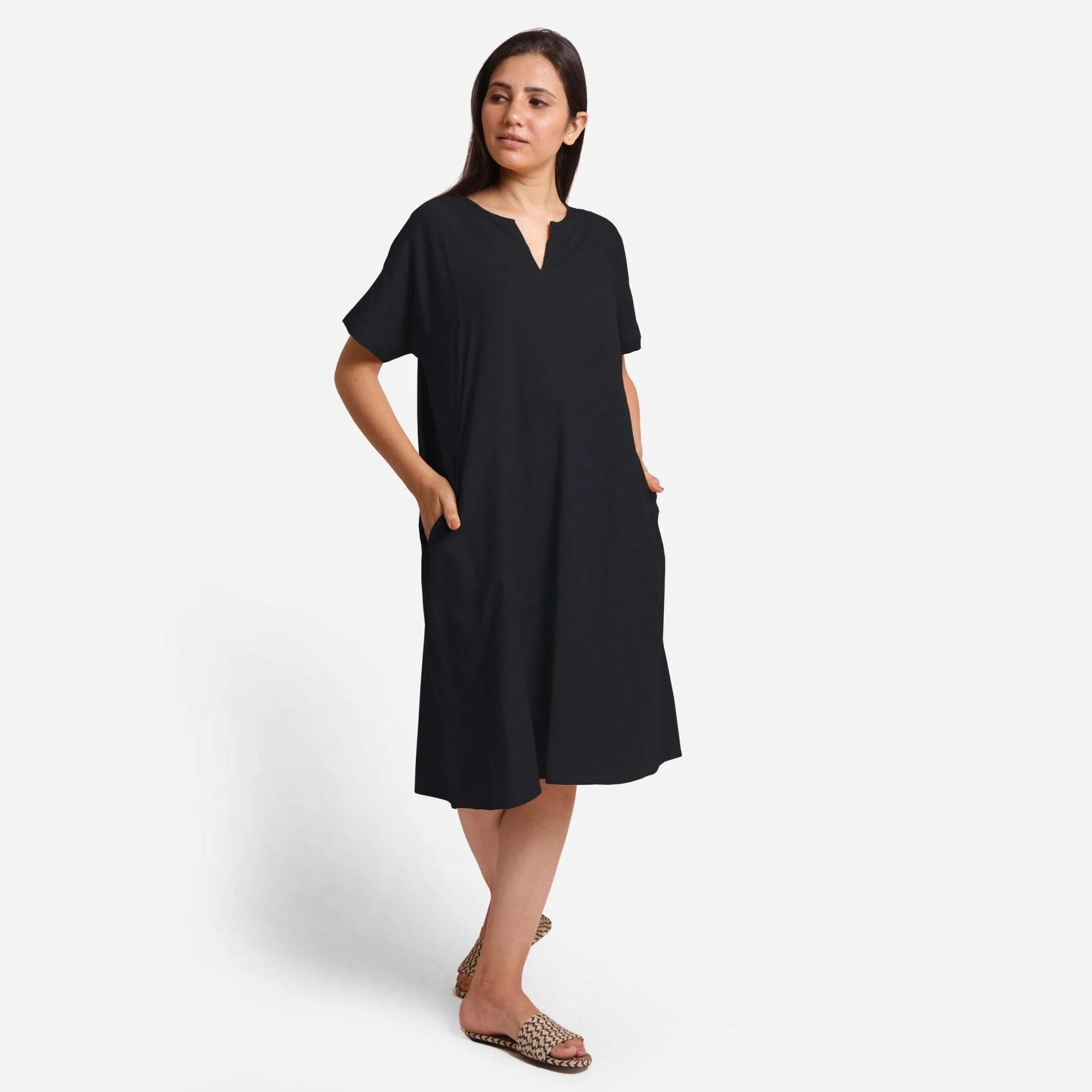 Black Cotton Flax Princess Line Knee Length Dress