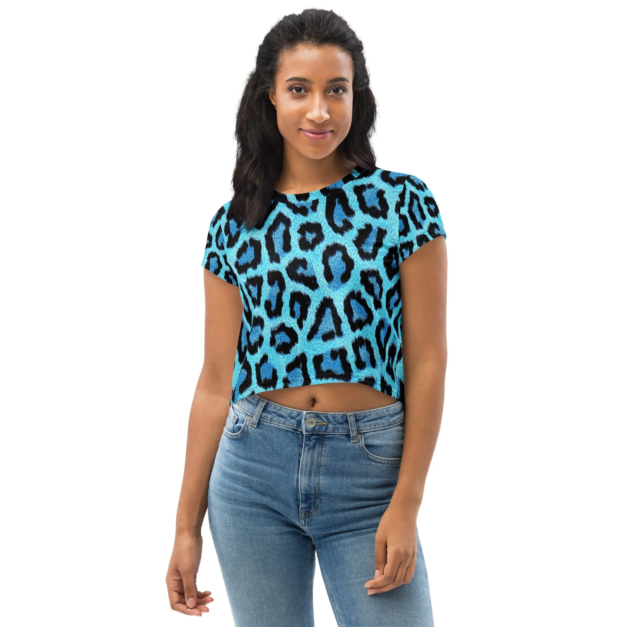 Blue Leopard Print All-Over Print Crop Tee