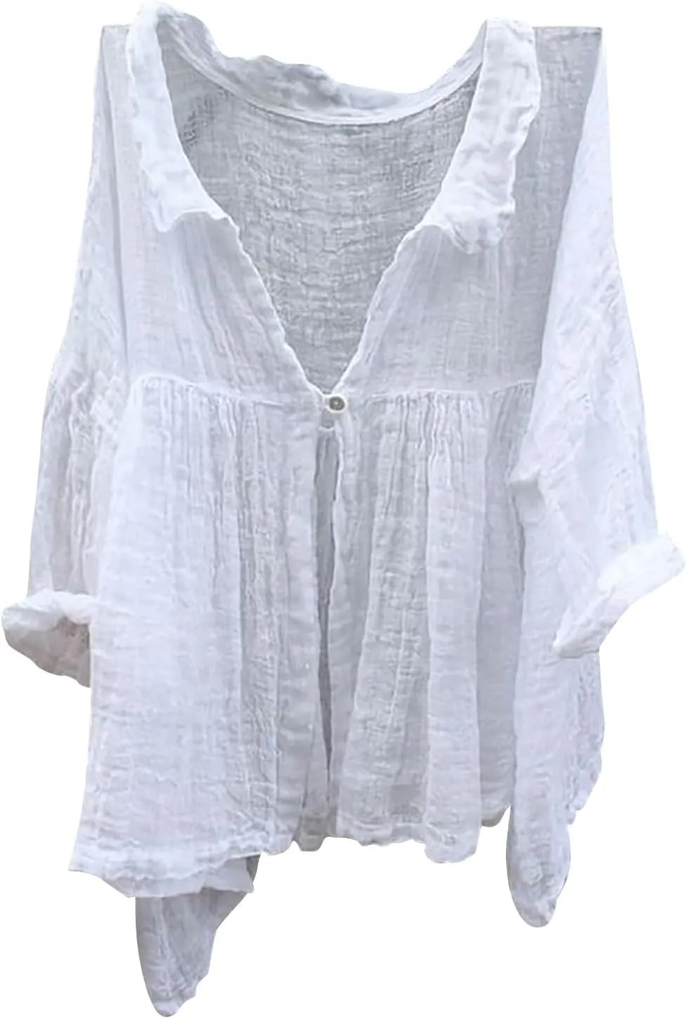 Boho Blouses for Women Plus Size Linen 3/4 Sleeve Button Up V-Neck Boxy Tops Summer Loose Casual Vacation Beach Shirts Tops