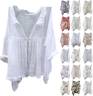 Boho Blouses for Women Plus Size Linen 3/4 Sleeve Button Up V-Neck Boxy Tops Summer Loose Casual Vacation Beach Shirts Tops