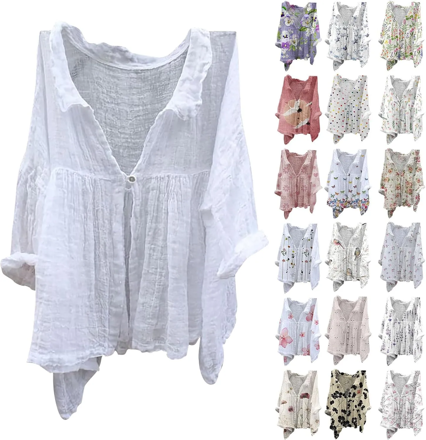 Boho Blouses for Women Plus Size Linen 3/4 Sleeve Button Up V-Neck Boxy Tops Summer Loose Casual Vacation Beach Shirts Tops