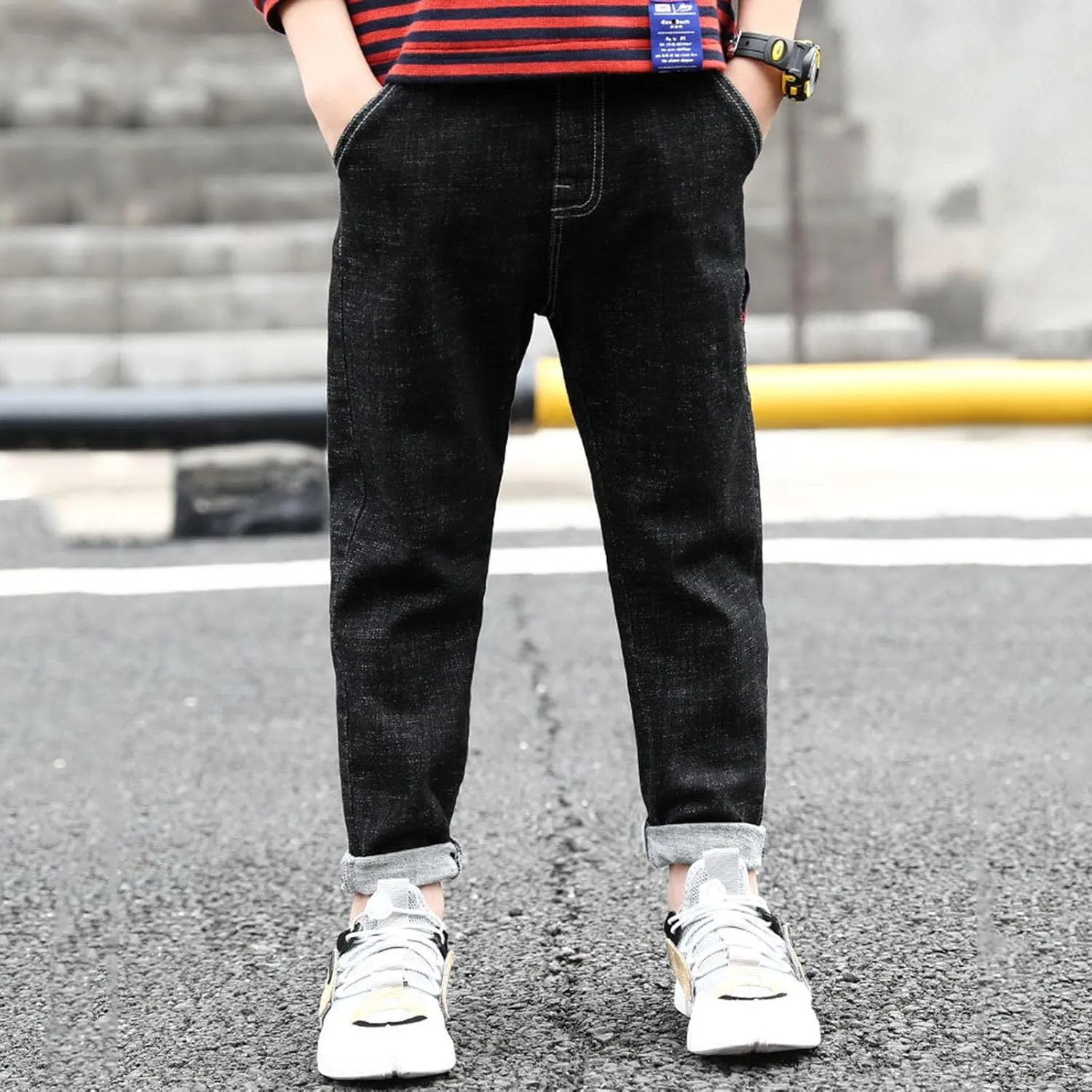 Boy's Skinny Fit Jeans Elastic Wasit Straight Leg Denim Pants Stretch Casual Comfort Trousers with Pockets Kids Clothes