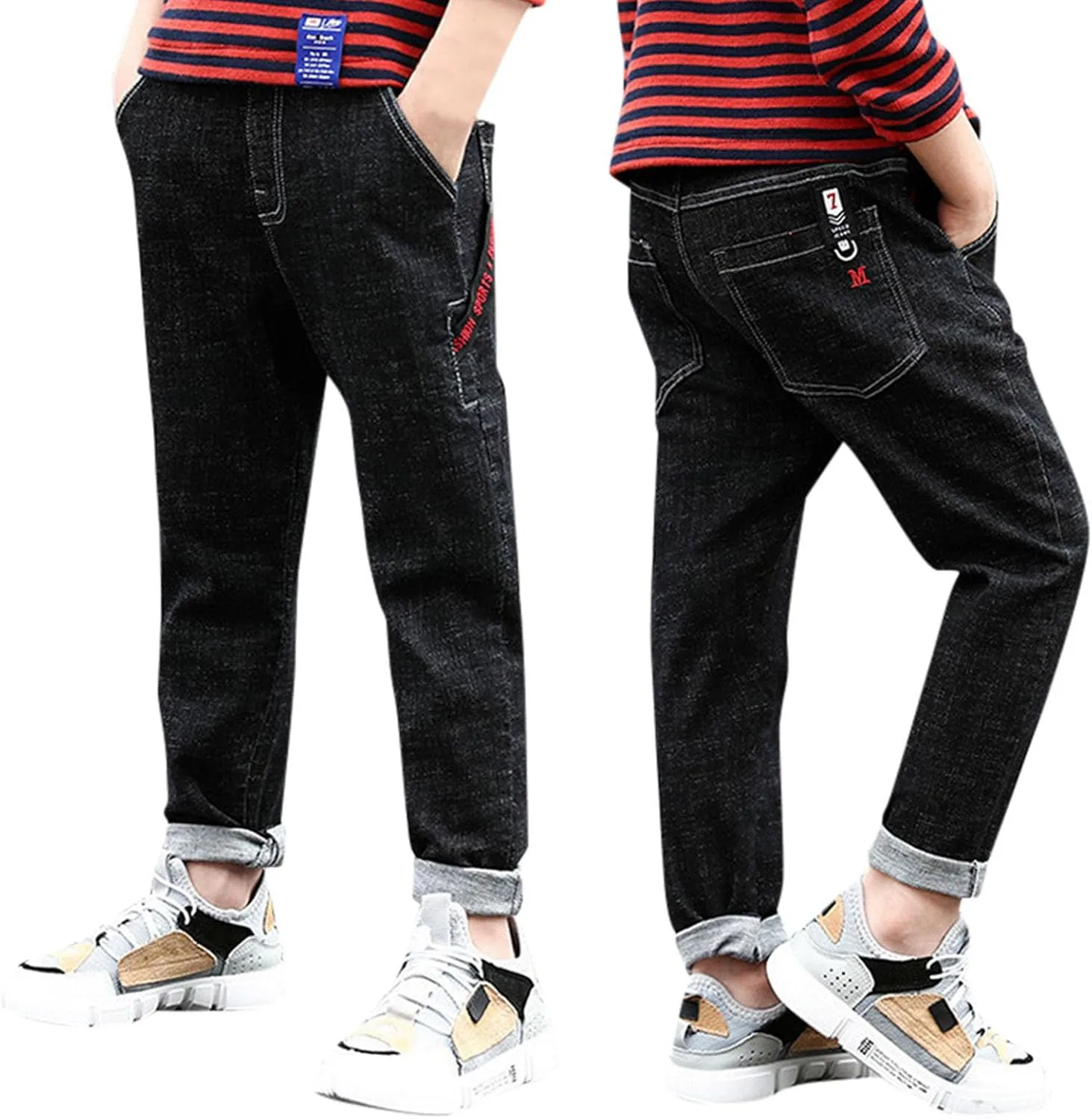 Boy's Skinny Fit Jeans Elastic Wasit Straight Leg Denim Pants Stretch Casual Comfort Trousers with Pockets Kids Clothes