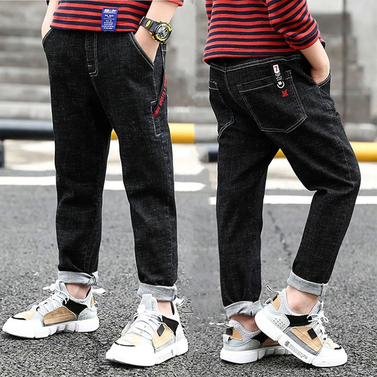 Boy's Skinny Fit Jeans Elastic Wasit Straight Leg Denim Pants Stretch Casual Comfort Trousers with Pockets Kids Clothes