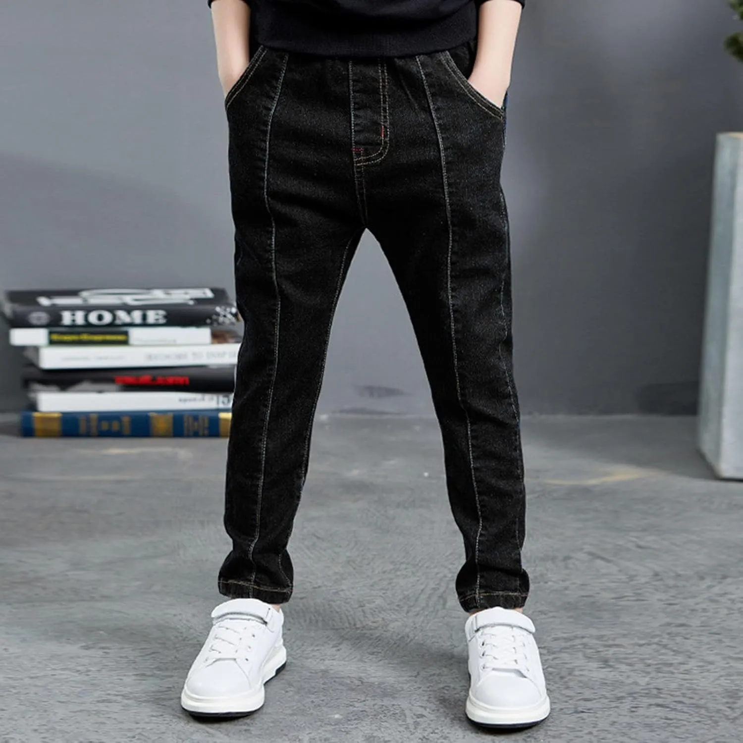 Boy's Skinny Fit Jeans Elastic Wasit Straight Leg Denim Pants Stretch Casual Comfort Trousers with Pockets Kids Clothes