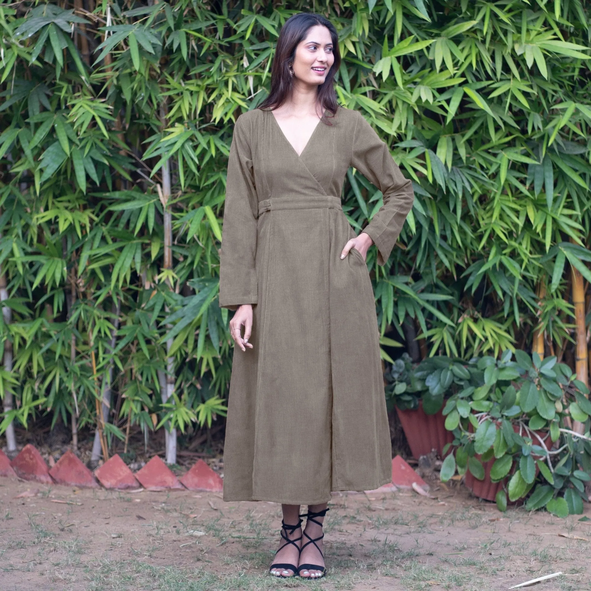 Bronze Grey Warm Cotton Corduroy Deep Neck Midi Wrap Dress