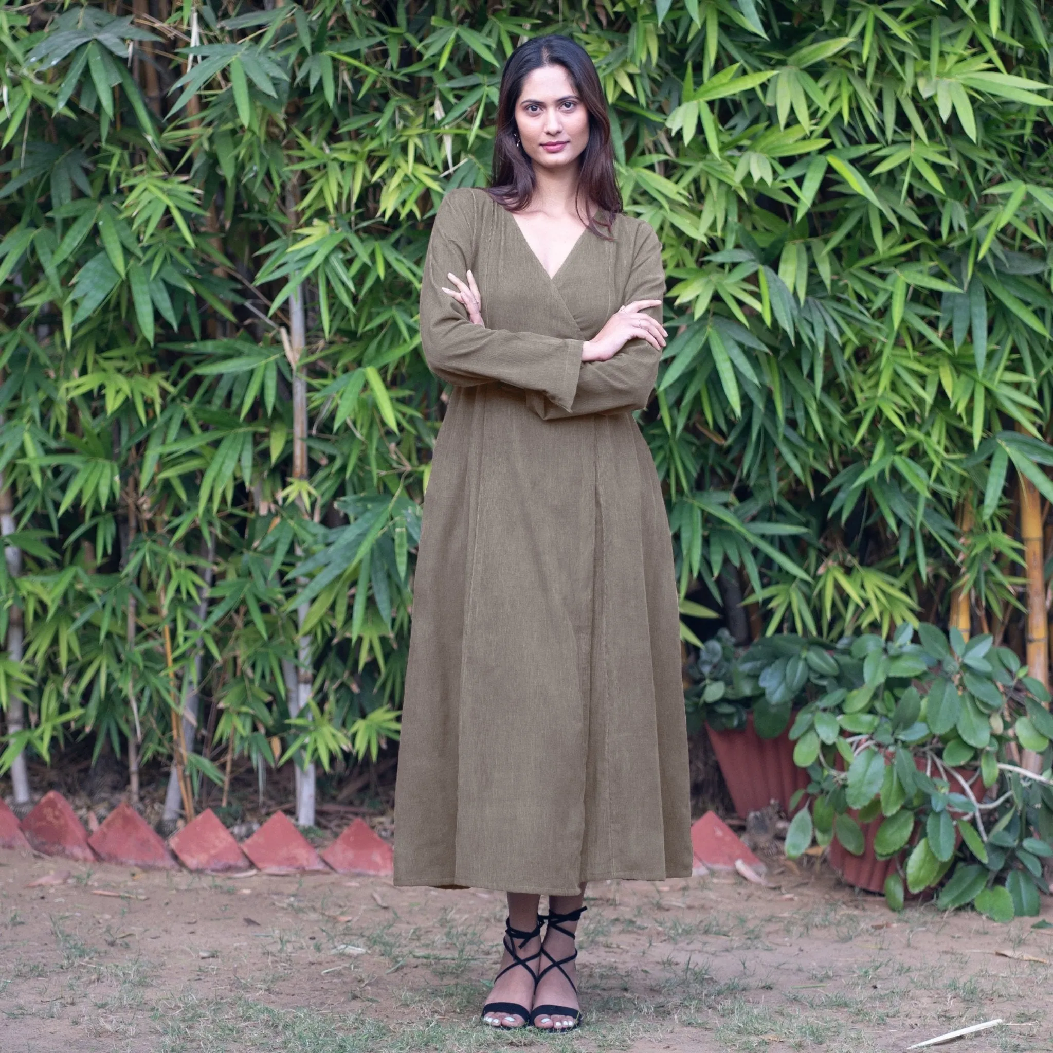 Bronze Grey Warm Cotton Corduroy Deep Neck Midi Wrap Dress
