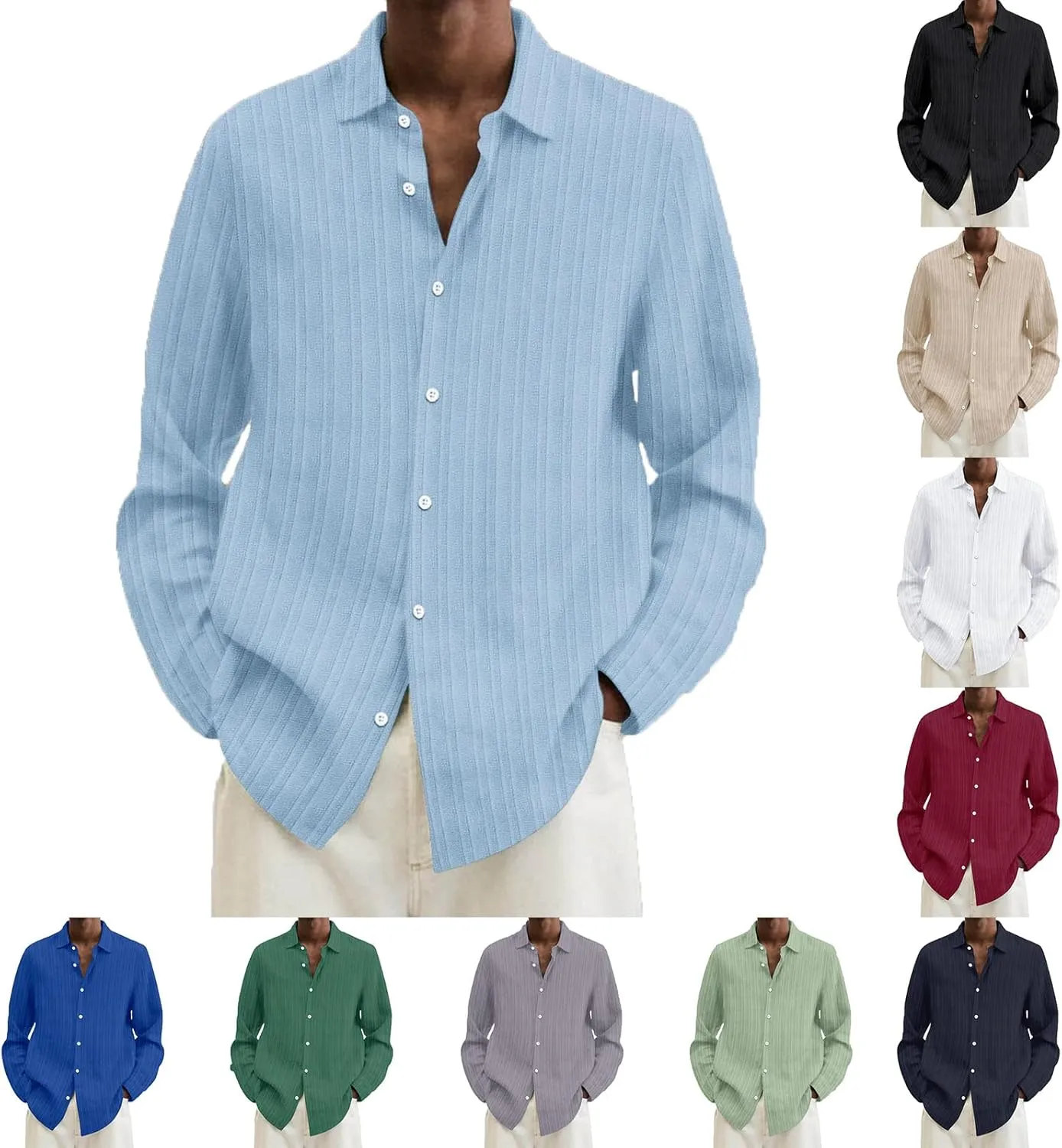 Button Down Shirt Men Long Seeve Lapel Loose Cotton Stripe Cardigan Shirt