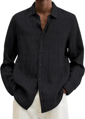 Button Down Shirt Men Long Seeve Lapel Loose Cotton Stripe Cardigan Shirt
