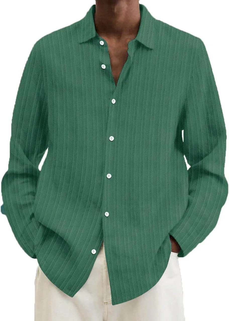 Button Down Shirt Men Long Seeve Lapel Loose Cotton Stripe Cardigan Shirt