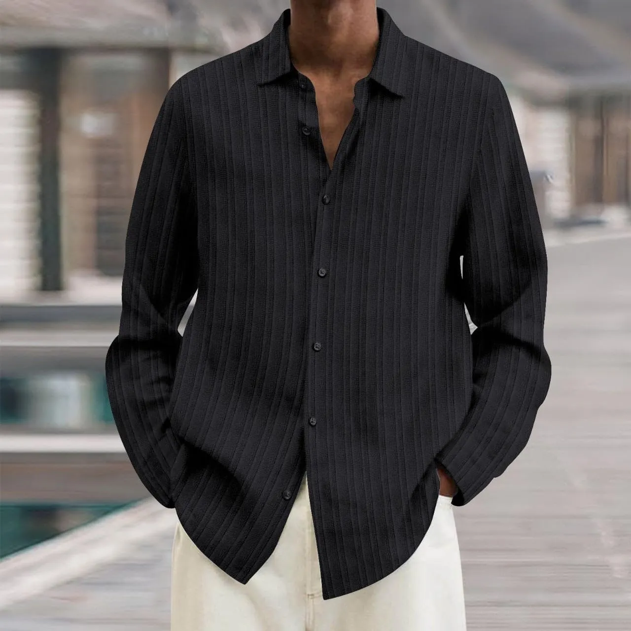 Button Down Shirt Men Long Seeve Lapel Loose Cotton Stripe Cardigan Shirt