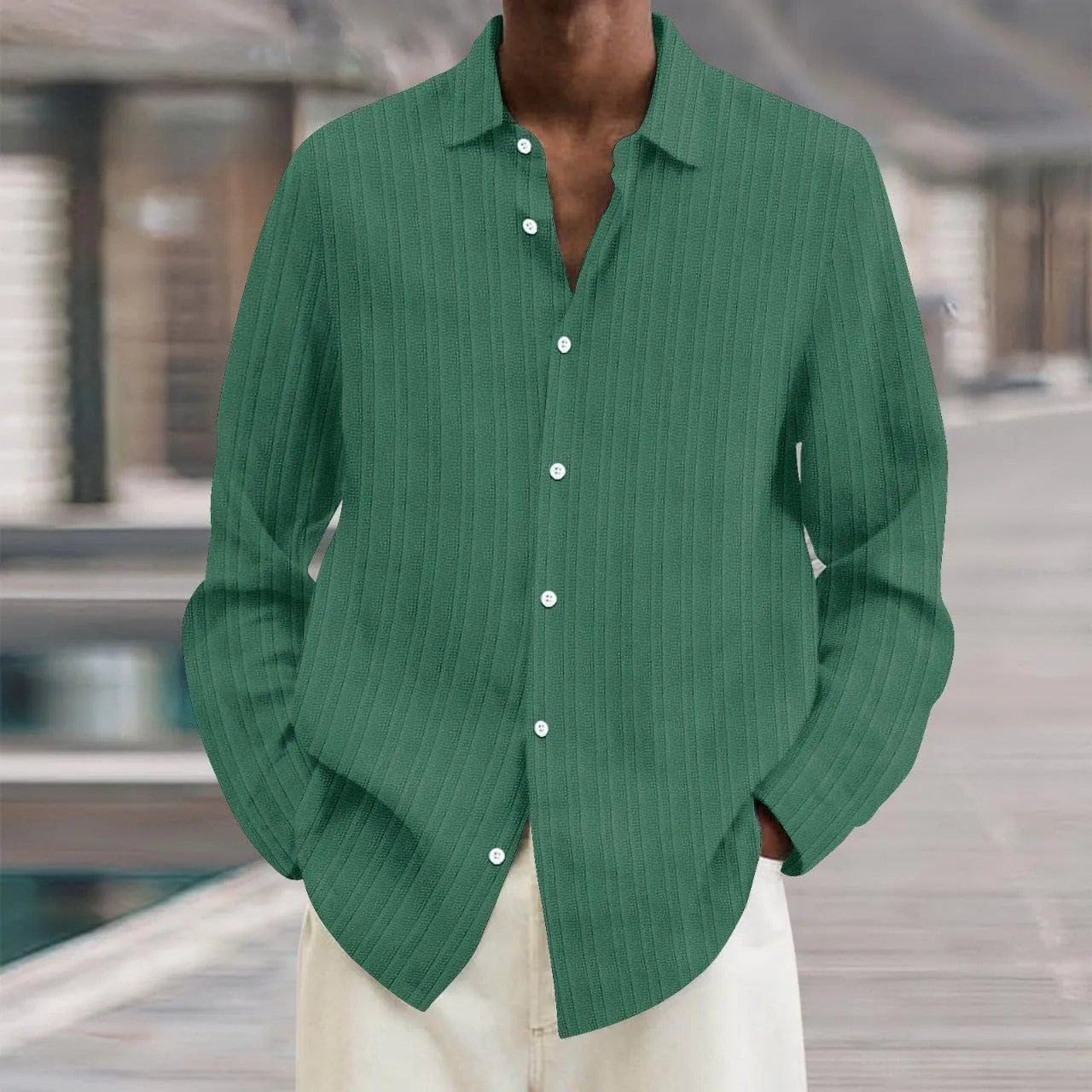 Button Down Shirt Men Long Seeve Lapel Loose Cotton Stripe Cardigan Shirt