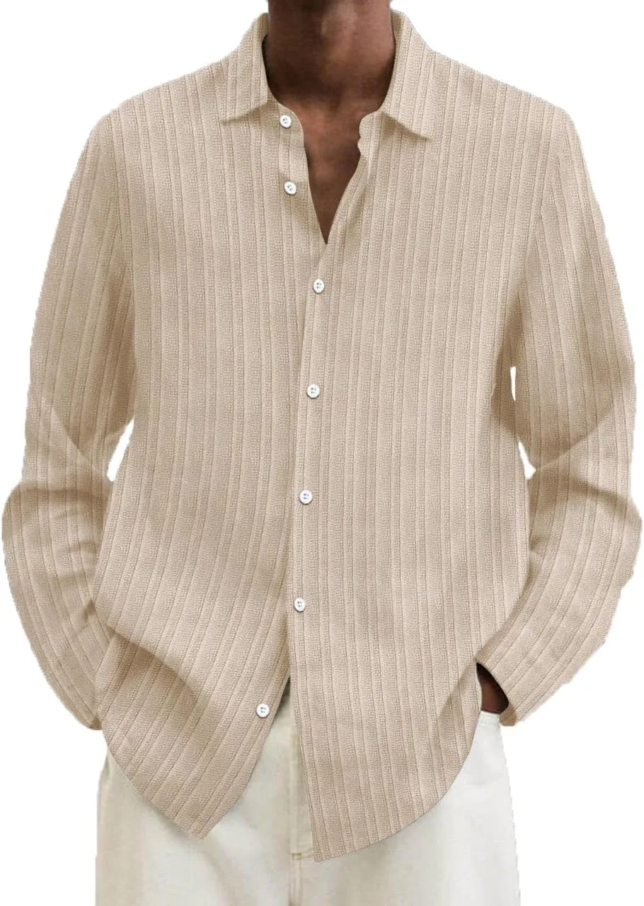 Button Down Shirt Men Long Seeve Lapel Loose Cotton Stripe Cardigan Shirt