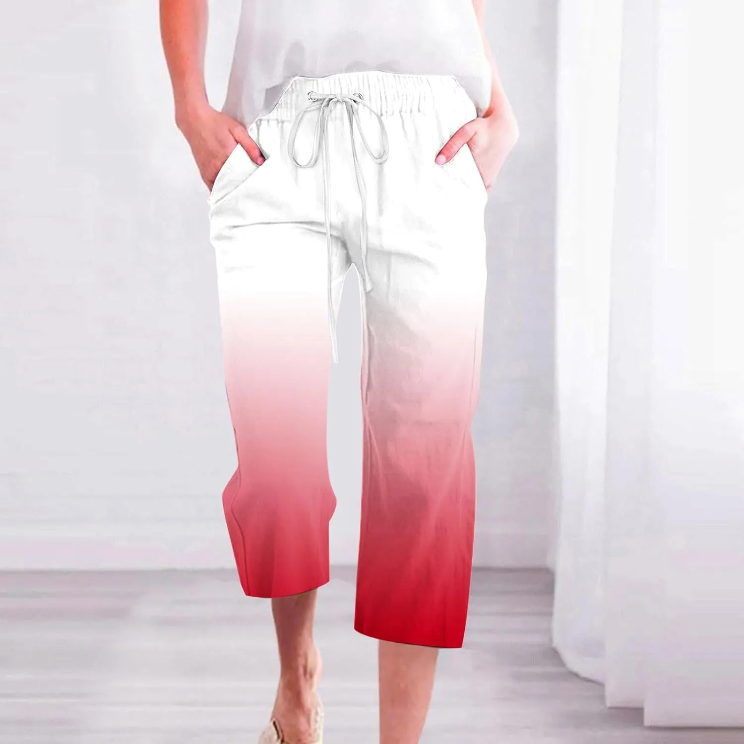 Capri Pants for Women Casual Summer 2025 Straight Wide Leg Loose Drawstring Elastic Waist Gradient Capris Trousers