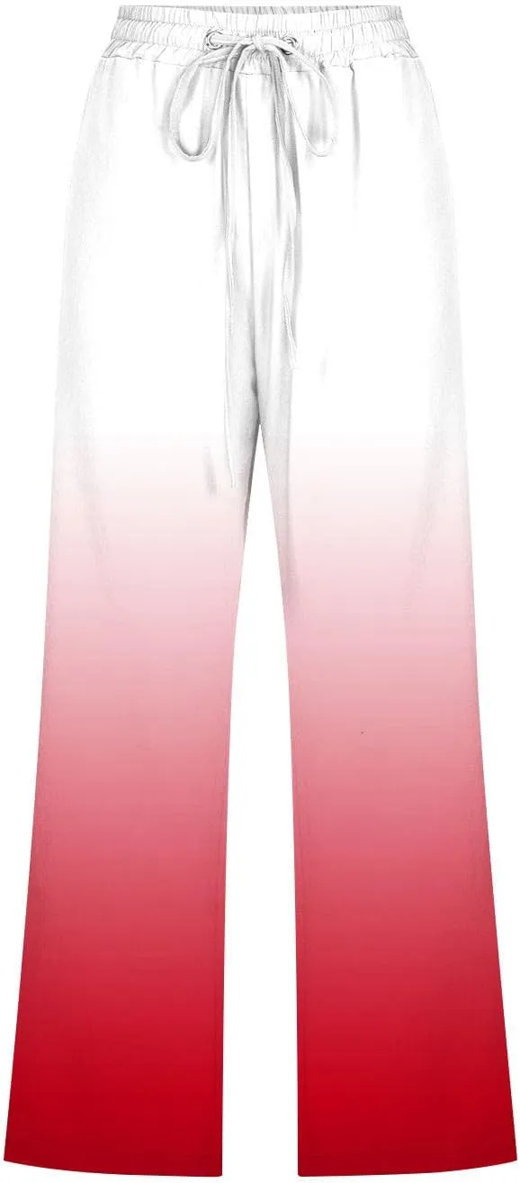 Capri Pants for Women Casual Summer 2025 Straight Wide Leg Loose Drawstring Elastic Waist Gradient Capris Trousers