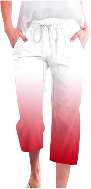 Capri Pants for Women Casual Summer 2025 Straight Wide Leg Loose Drawstring Elastic Waist Gradient Capris Trousers
