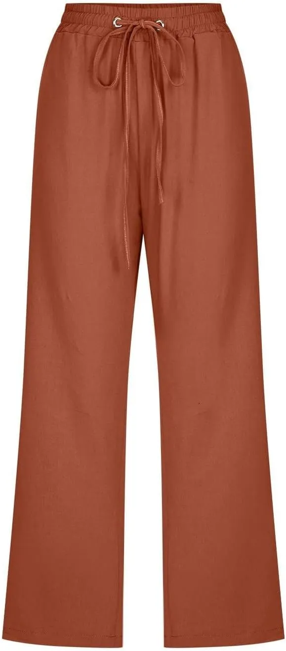 Capri Pants for Women Casual Summer Cotton Linen Pants Plus Size Drawstring Elastic High Waisted Capris with Pockets