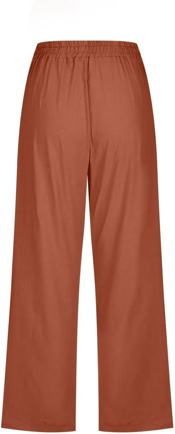 Capri Pants for Women Casual Summer Cotton Linen Pants Plus Size Drawstring Elastic High Waisted Capris with Pockets