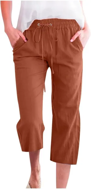 Capri Pants for Women Casual Summer Cotton Linen Pants Plus Size Drawstring Elastic High Waisted Capris with Pockets