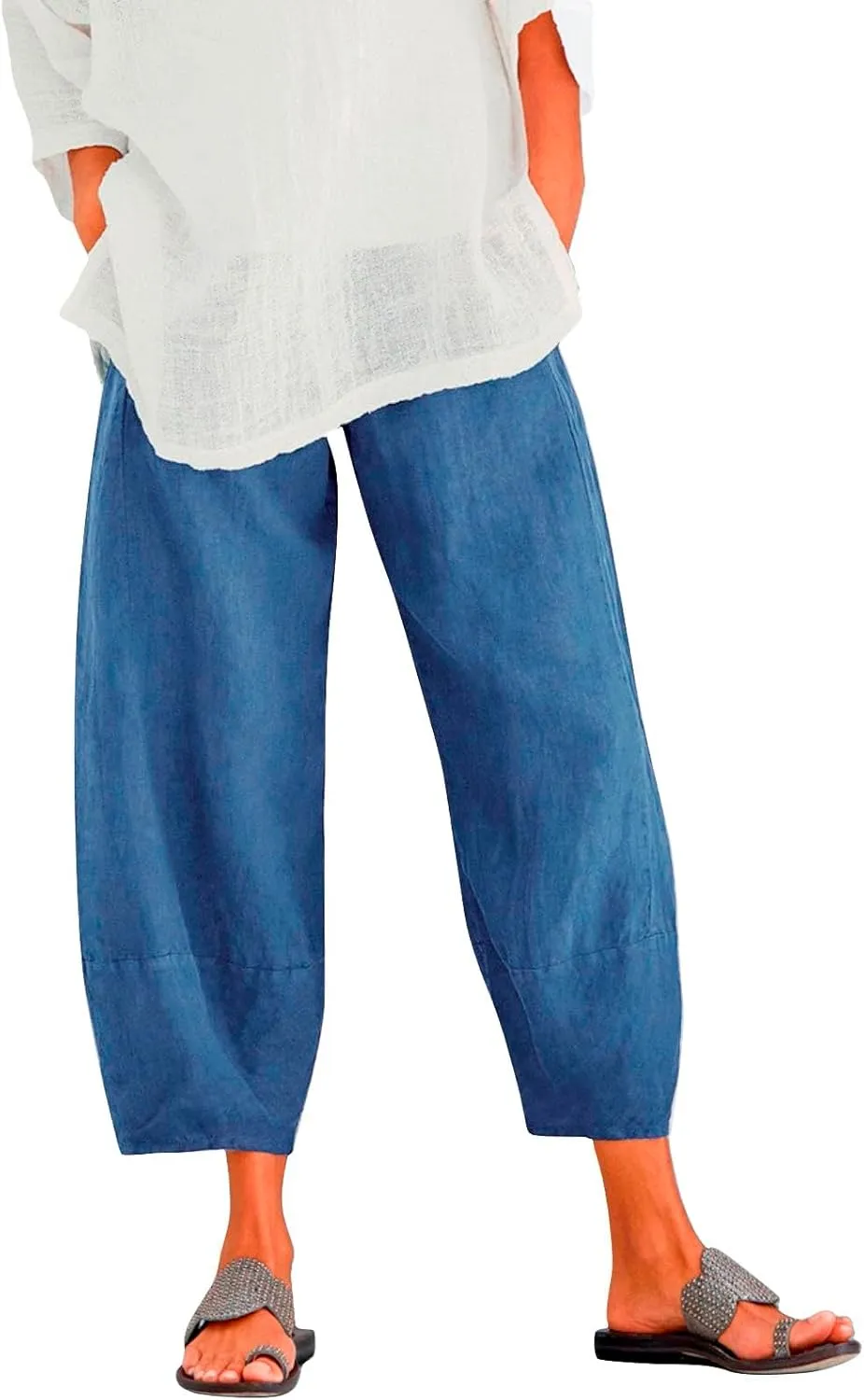 Capri Pants for Women Summer Beach Elastic Waisted Wide Leg Floral Printed Casual Loose Lightweight Relax with Pockets